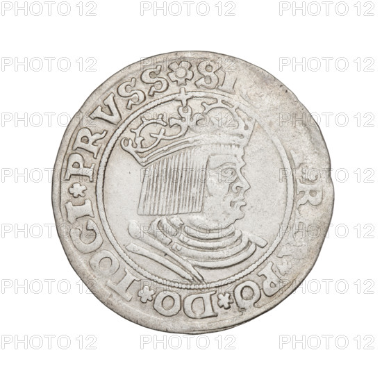 Prussian grosz, Sigismund I the Old (King of Poland; 1506–1548). Obverse: Crowned male bust in profile turned to the right; in the rim between pearl-shaped borders an inscription: .SI, .R, .PO.DO.TOCI.PRVSS. Reverse: Eagle of Royal Prussia; in the rim between pearl-shaped borders an inscription: .GROS, ERR.PRVSSI. 1530. Torun, Poland. Coin.