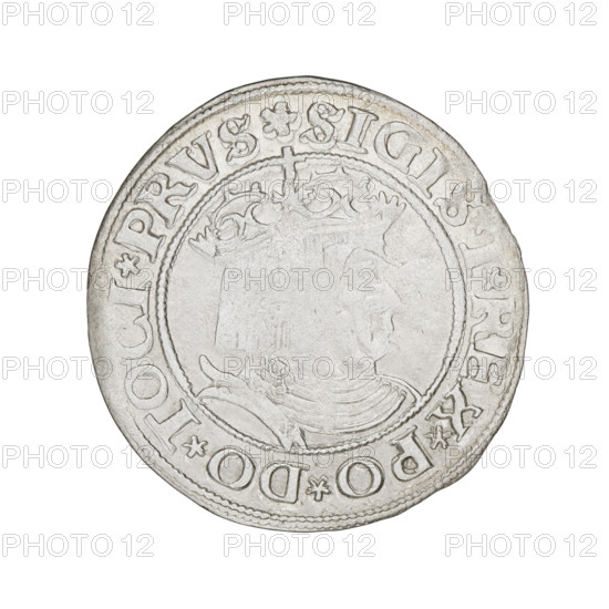 Prussian grosz, Sigismund I the Old (King of Poland; 1506–1548). Obverse: Crowned male bust in profile turned to the right; in the rim between pearl borders an inscription: .SIGIS.I.REX.PO.DO.TOCI.PRVS.Rw. Reverse: The Eagle of Royal Prussia; in the rim between the pearl borders the inscription: .GROSS.COMV.TERR.PRVSS.1530. 1530. Torun, Poland. Coin. Subjects/emblems: eagles, Jagiellonian dynasty, royal bust, male busts; iconography of Sigismund I the Old.