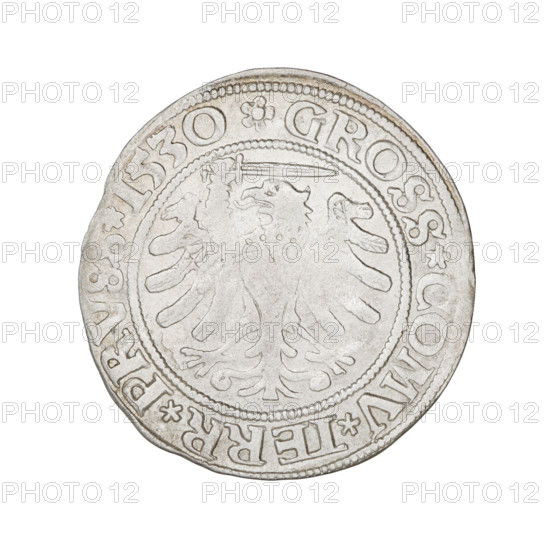 Prussian grosz, Sigismund I the Old (King of Poland; 1506–1548). Obverse: Crowned male bust in profile turned to the right, in the rim between pearl borders an inscription: .SIGIS.I.REX.PO.DO.TOCI.PRVS. Reverse: The Eagle of Royal Prussia, in the rim between the pearl borders the inscription: .GROSS.COMV.TERR.PRVSS.1530. 1530, Torun, Poland, coin.