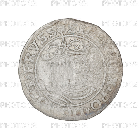 Prussian grosz, Sigismund I the Old (King of Poland; 1506–1548). Obverse: crowned male bust in profile turned to the right; in the rim between pearl borders an inscription: .SIGI, EX.PO.D, OCI.PRVSS. Reverse: the Eagle of Royal Prussia; in the rim between the pearl borders the inscription: G.OS.COM, R.PRVS.1530. 1530, Torun, Poland. Subjects/emblems: eagles, Jagiellonian dynasty, royal bust, inscriptions; style: coin.