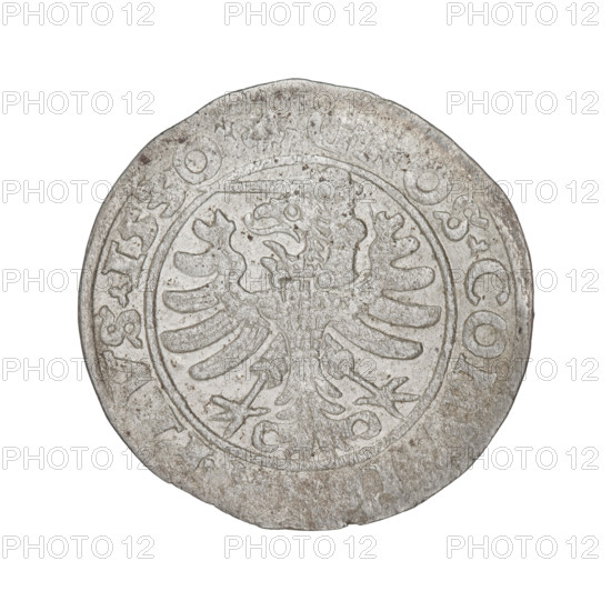 Prussian grosz, Sigismund I the Old (King of Poland; 1506–1548); silver coin (grosz), 1530, Torun, Poland. Obverse: Crowned male bust of Sigismund I in profile turned right; rim inscription between pearl borders: .SIGI.EX.PO.D.OCI.PRVSS. Reverse: The Eagle of Royal Prussia; rim inscription between pearl borders: G.OS.COM.R.PRVS.1530.