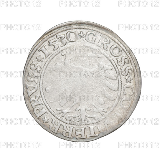 Prussian grosz, Sigismund I the Old (King of Poland; 1506–1548); silver coin (grosz), 1530. Obverse: Crowned male bust in profile turned to the right; rim inscription: .SIGIS.I.REX.PO.DO.TOCI. Reverse: Eagle of Royal Prussia; rim inscription: .GROSS.CO, .TERR.PRVSS.1530. Torun, Poland. Subjects/emblems: eagles, royal bust, male busts, Jagiellonian dynasty, emblems, Eagle (emblem); iconography of Sigismund I the Old.