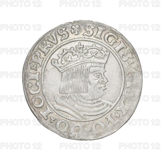 Prussian grosz, 1530. Obverse: crowned male bust in profile turned to the right, in the rim between pearl borders an inscription: .SIGIS.I., X.PO.DO.TOCI.PRVS Rw. Reverse: the Eagle of Royal Prussia, in the rim between the pearl borders the inscription: .GROSS.COMV.TERR.PRVSS.1530. Subject: Sigismund I the Old (King of Poland; 1467–1548 / reign 1506–1548). Materials/format: coin. Iconography: eagles, royal bust, Jagiellonian dynasty emblems. Place: Torun, Poland.