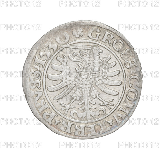 Prussian grosz, Sigismund I the Old (King of Poland; 1506–1548). Obverse: Crowned male bust in profile turned to the right, in the rim between pearl borders an inscription: .SIGIS.I., X.PO.DO.TOCI.PRVS Rw. Reverse: The Eagle of Royal Prussia, in the rim between the pearl borders the inscription: .GROSS.COMV.TERR.PRVSS.1530. Date: 1530. Torun, Poland. Subjects/ motifs: eagles, Polish coins, Jagiellonians (dynasty), emblems, Eagle (emblem), male/royal bust; iconography of Sigismund I the Old. Materials/format: coin (grosz).