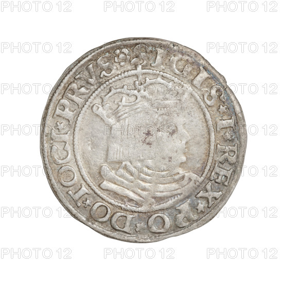 Prussian grosz, Sigismund I the Old (King of Poland; 1506–1548). Obverse: Crowned male bust in profile turned to the right; in the rim between pearly borders the inscription: .SIGIS.I.REX.PO.DO.TOCI.PRVS. Reverse: The Eagle of Royal Prussia; in the rim between the pearl borders the inscription: GROS.COMV.TERR.PRVS.1530. 1530, Torun, Poland. Subjects/details: Polish coin; Jagiellonian dynasty; coats of arms; eagle (coat of arms); royal bust; male busts; inscriptions; coin material and function.
