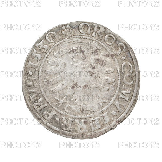 Prussian grosz, Sigismund I the Old (King of Poland; 1467–1548). Coin (1530), Torun, Poland. Obverse: Crowned male bust in profile turned to the right; in the rim between pearly borders an inscription: .SIGIS.I.REX.PO.DO.TOCI.PRVS. Reverse: The Eagle of Royal Prussia; in the rim between the pearl borders the inscription: GROS.COMV.TERR.PRVS.1530. Motifs: eagles, coats of arms, royal/male bust; Jagiellonian dynasty.