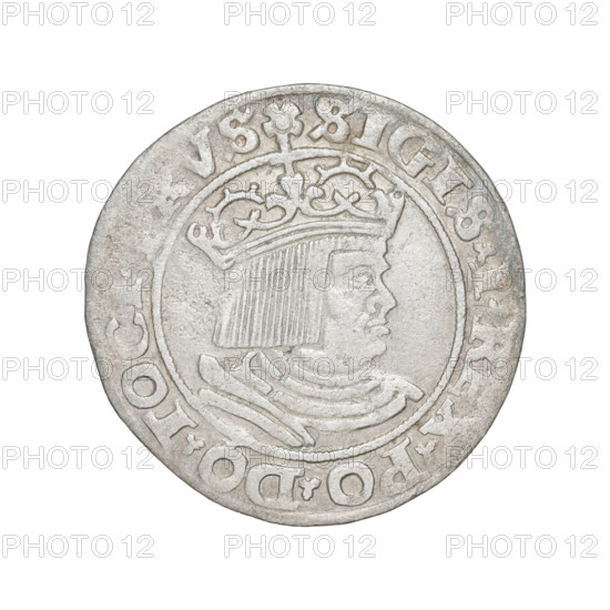 Prussian grosz, Sigismund I the Old (King of Poland; 1506–1548); obverse: crowned male bust in profile turned to the right, rim inscription .SIGIS.I.REX.PO.DO.TO.CVS Rv.; reverse: the Eagle of Royal Prussia, rim inscription GROS.COMV.TERR.PRV, dated 1530; Torun, Poland; coin.