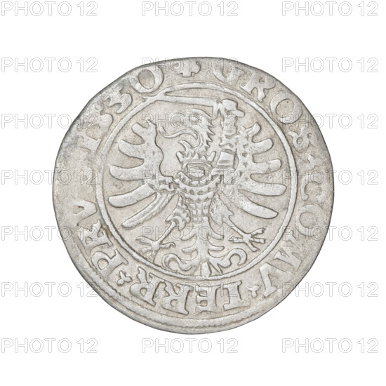 Prussian grosz, 1530. Obverse: Crowned male bust in profile turned to the right; in the rim between pearl borders an inscription: .SIGIS.I.REX.PO.DO.TO C, VS Rw. Reverse: The Eagle of Royal Prussia; in the rim between the pearl borders the inscription: GROS.COMV.TERR.PRV. Depicts Sigismund I the Old (King of Poland, 1467–1548). Torun, Poland — coin.