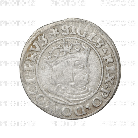 Prussian grosz, Sigismund I the Old (King of Poland; 1506–1548). Obverse: Crowned male bust in profile turned to the right; in the rim between the pearl borders an inscription: .SIGIS.REX.PO.DO.TOCI.PRVS. Reverse: The Eagle of Royal Prussia; in the rim between the pearl borders the inscription: .GRO, OMV.TERR.PRVS.1530. 1530, Torun, Poland, coin. Coats of arms, eagles, Jagiellonians (dynasty), royal bust, male busts.