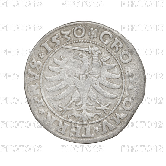 Prussian grosz, Sigismund I the Old (King of Poland; 1506–1548). Obverse: Crowned male bust in profile turned to the right; in the rim between the pearl borders an inscription: .SIGIS.REX.PO.DO.TOCI.PRVS. Reverse: The Eagle of Royal Prussia; in the rim between the pearl borders the inscription: .GRO, OMV.TERR.PRVS.1530. 1530, Torun, Poland, coin. Coats of arms, eagles, Jagiellonians (dynasty), royal bust, iconography.