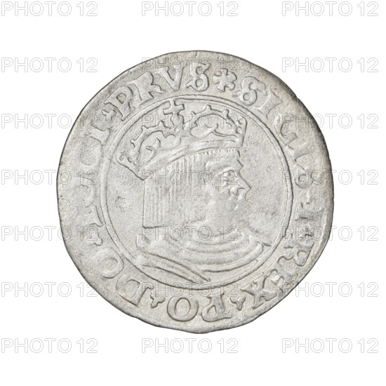 Prussian grosz, Sigismund I the Old (King of Poland; 1506–1548). Obverse: Crowned male bust in profile turned to the right, in the rim between pearly borders an inscription: .SIGIS.I.REX.PO.DO., OCI.PRVS. Reverse: The Eagle of Royal Prussia, in the rim between the pearl borders the inscription: .GROSS.COM. .TERR.PRVS. 1530. 1530, Torun, Poland. Features: eagles, Polish coins, Jagiellonians (dynasty), coats of arms, Eagle (coat of arms), male busts, royal bust, iconography. Coin; silver.