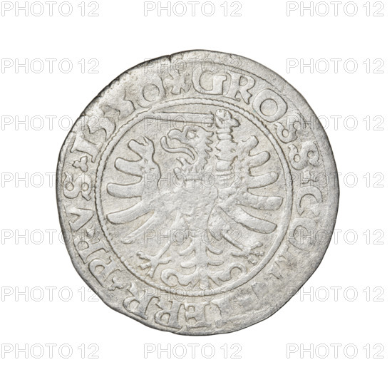 Prussian grosz, Sigismund I the Old (King of Poland; 1506–1548). Obverse: Crowned male bust in profile turned to the right, in the rim between pearly borders an inscription: .SIGIS.I.REX.PO.DO. Reverse: The Eagle of Royal Prussia, in the rim between the pearl borders the inscription: .GROSS.COM. .TERR.PRVS.1530. 1530, Torun, Poland. Features: eagles, coats of arms, male/royal bust, iconography of Sigismund I, Jagiellonian dynasty; coin.