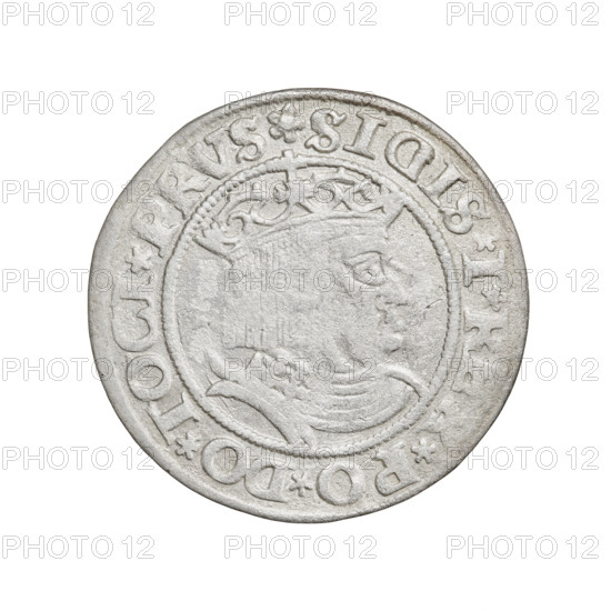 Prussian grosz, Sigismund I the Old (King of Poland; 1506–1548); 1530; Torun, Poland. Obverse: Crowned male bust in profile turned to the right, rim between pearly borders with inscription '.SIGIS.I., .PO.DO.TOCI.PRVS'. Reverse: The Eagle of Royal Prussia, rim between pearl borders with inscription '.GROSS.COMV.TERR.PRVSS.1530'. Subjects/emblems: eagles, royal bust, male busts; dynasty: Jagiellonians; iconography of Sigismund I the Old. Materials/function: coin.