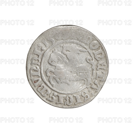 Lithuanian half-grosz, Sigismund I the Old (king of Poland; 1506–1548). Obverse: Pogon turned left; in the rim between pearl borders an inscription: ONETA:SIGISMVNDI:15. Reverse: Polish eagle with a crown; in the rim between pearl borders an inscription: + MAGNI:DVCI, LITV, 1509. Coats of arms: Eagle (Poland), Pogon (Lithuania). Grand Duchy of Lithuania, Vilnius; coin. Diameter approx. 19.4–19.7 mm; weight 1.23 g.