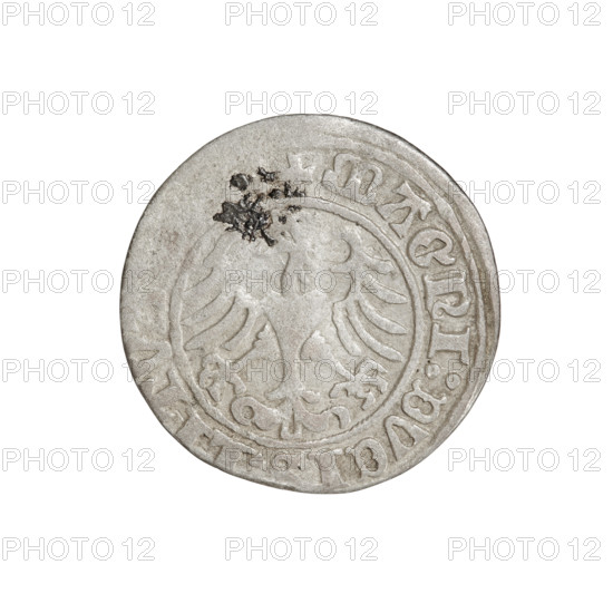 Lithuanian half-grosz, Sigismund I the Old (king of Poland; 1506–1548). Obverse: Pogon (Lithuanian charging knight) turned left; in the rim between pearl borders an inscription: ONETA:SIGISMVNDI:15. Reverse: Polish crowned Eagle; in the rim between pearl borders an inscription: + MAGNI:DVCI, LITV, 1509. Jagiellon dynasty; coats of arms: Eagle, Pogon. Grand Duchy of Lithuania, Vilnius, Poland. Coin; diameter ~19.4–19.7 mm; weight 1.23 g.