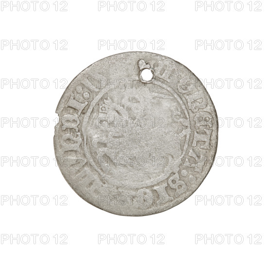 Lithuanian half-grosz, Sigismund I the Old (king of Poland; 1506–1548). Obverse: Pogon turned left; in the rim between pearl borders an inscription: COIN:SI,VNDI:15. Reverse: Polish eagle with a crown; in the rim between pearl borders an inscription: AGNI:DVCI,LITVANI, 1509. Coats of arms: Eagle (coat of arms), Pogon (coat of arms; Lithuania). Jagiellons (dynasty). Grand Duchy of Lithuania, Vilnius. Coin. Diameter 19.4–20.0 mm, weight 1.02 g.