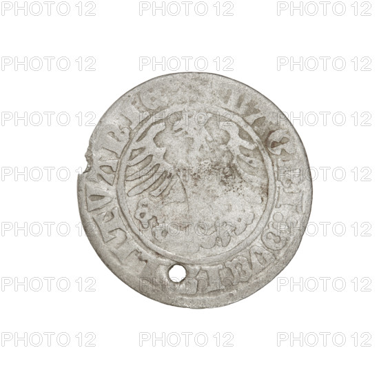 Lithuanian half-grosz, Sigismund I the Old (king of Poland; 1506–1548). Obverse: Pogon (Lithuanian coat of arms) turned left; in the rim between pearl borders an inscription: COIN:SI, VNDI:15. Reverse: Polish Eagle with a crown; in the rim between pearly borders an inscription: AGNI:DVCI, LITVANI, 1509. Grand Duchy of Lithuania, Vilnius. Coin. Diameter 19.4–20.0 mm; weight 1.02 g.