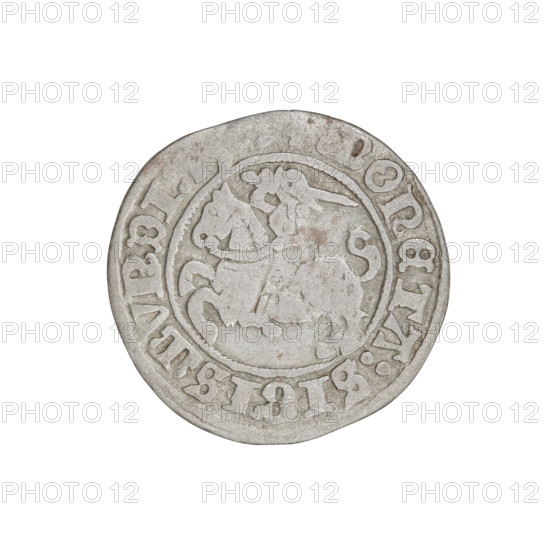 Lithuanian half-grosz, Sigismund I the Old (king of Poland; 1506–1548). Obverse: Pogon (Lithuanian coat of arms) turned left; in rim between pearl borders an inscription: COIN:SIGISMVNDI:15. Reverse: Polish Eagle with a crown; in rim between pearly borders an inscription: + MAGNI:DVCIS:LITVANI. Date: 1509. Materials/style: coin of the Grand Duchy of Lithuania (Poland–Lithuania), Jagiellon dynasty iconography. Dimensions: diameter ~19.0–19.7 mm; weight 1.17 g.