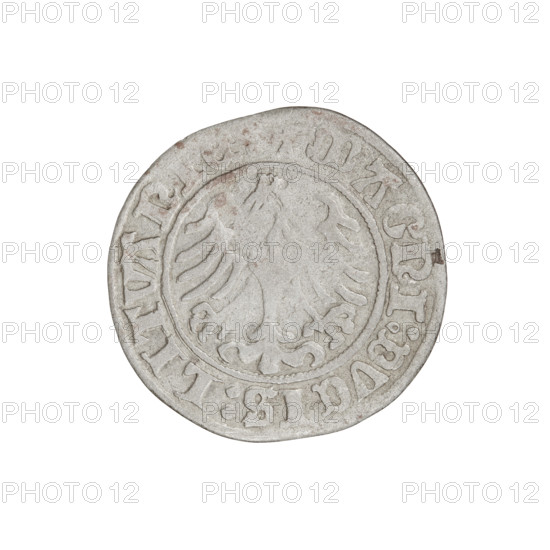 Lithuanian half-grosz, Sigismund I the Old (king of Poland; 1506–1548). Obverse: Pogon (Lithuanian coat of arms) turned left; in the rim between pearl borders an inscription: COIN:SIGISMVNDI:15. Reverse: Polish crowned eagle; in the rim between pearly borders an inscription: + MAGNI:DVCIS:LITVANI. Date: 1509. Materials/style: coin of the Grand Duchy of Lithuania (Vilnius, Poland). Dimensions: diameter ca. 19.0–19.7 mm; weight 1.17 g.