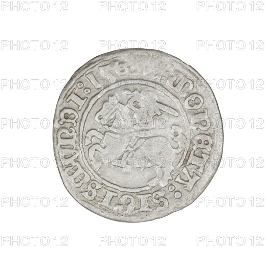 Lithuanian half-grosz, Sigismund I the Old (king of Poland; 1506–1548). Obverse: Pogon (Lithuanian charging knight) turned left; in the rim between pearl borders an inscription: + COIN:SIGISMVNDI:150. Reverse: Polish crowned eagle; in the rim between pearly borders an inscription: + MAGNI:DVCIS, ITVANIE:, 1509. Coats of arms: Eagle (Poland) and Pogon (Lithuania). Grand Duchy of Lithuania, Vilnius; coin. Diameter 19.8–20.4 mm, weight 1.24 g.