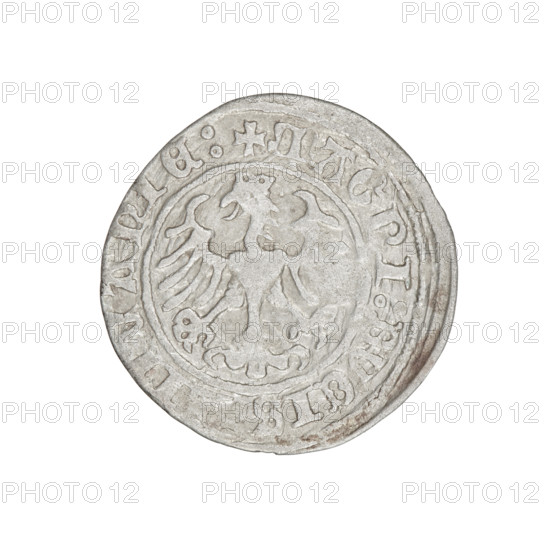 Lithuanian half-grosz, Sigismund I the Old (king of Poland; 1506–1548). Obverse: Pogon turned left; in the rim between pearl borders an inscription: + COIN:SIGISMVNDI:150. Reverse: Polish Eagle with a crown; in the rim between pearly borders an inscription: + MAGNI:DVCIS, ITVANIE:, 1509. Jagiellon dynasty; coats of arms: Eagle (coat of arms) and Pogon (coat of arms; Lithuania). Grand Duchy of Lithuania, Vilnius, Poland. Coin; diameter 19.8–20.4 mm; weight 1.24 g.