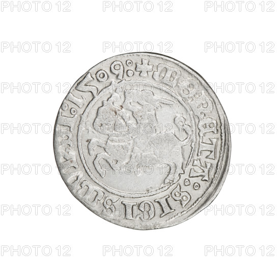 Lithuanian half-grosz, Sigismund I the Old (king of Poland; 1506–1548). Obverse: Pogon turned left; in the rim between pearl borders an inscription: + COIN:SIGISMVNDI:1509:. Reverse: Polish eagle with a crown; in the rim between pearl borders an inscription: + MAGNI:DVCIS:LITVANIE:. Dated 1509. Grand Duchy of Lithuania (Vilnius). Subject: eagles, Jagiellon dynasty, coats of arms. Coin; diameter 19.4–20.1 mm; weight 1.19 g.