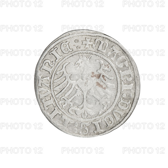 Lithuanian half-grosz, Sigismund I the Old (king of Poland, 1506–1548). Obverse: Pogon turned left; in the rim between pearled borders an inscription: + COIN:SIGISMVNDI:1509:. Reverse: Polish eagle with a crown; in the rim between pearled borders an inscription: + MAGNI:DVCIS:LITVANIE:. 1509. Jagiellon dynasty; coats of arms (Eagle, Pogon). Grand Duchy of Lithuania, Vilnius. Coin; diameter 19.4–20.1 mm; weight 1.19 g.