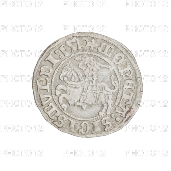 Lithuanian half-grosz, Sigismund I the Old (King of Poland; 1506–1548). Obverse: Pogon (Lithuanian coat of arms) turned left; in the rim between pearl borders an inscription: + COIN:SIGISMVNDI:1510. Reverse: Polish crowned eagle; in the rim between pearl borders an inscription: + MAGNI:DVCIS:LITVANIE, 1510. Grand Duchy of Lithuania, Vilnius. Coin. Diameter approx. 19.2–20.4 mm. Weight 1.25 g.