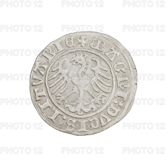 Lithuanian half-grosz, Sigismund I the Old (King of Poland; 1506–1548). Obverse: Pogon (Lithuanian coat of arms) turned left; in the rim between pearl borders an inscription: + COIN:SIGISMVNDI:1510. Reverse: Polish crowned eagle; in the rim between pearl borders an inscription: + MAGNI:DVCIS:LITVANIE, 1510. Grand Duchy of Lithuania, Vilnius. Coin, dia. 19.2–20.4 mm, weight 1.25 g.