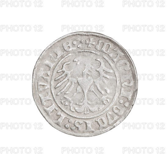 Lithuanian half-grosz, Sigismund I the Old (King of Poland; 1506–1548). Obverse: Pogon (Lithuanian coat of arms) turned left; in the rim between pearl borders an inscription: + MONETA, ISMVNDI:1510. Reverse: Polish crowned eagle; in the rim between pearl borders an inscription: + MAGNI:DVCIS:LITVANIE.:., 1510. Jagiellon dynasty; Grand Duchy of Lithuania; Vilnius, Poland. Coin. Diameter 19.7–20.0 mm; weight 1.10 g.