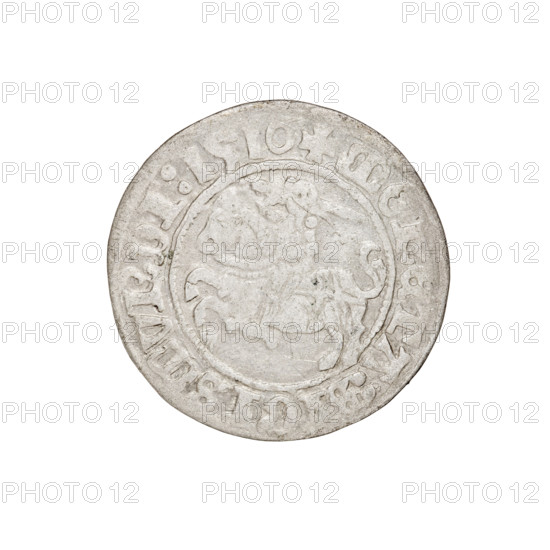 Lithuanian half-grosz, Sigismund I the Old (King of Poland; 1506–1548). Obverse: Pogon (mounted knight) turned left; in the rim between pearl borders an inscription: + COIN:SIGISMVNDI:1510. Reverse: Polish crowned Eagle; in the rim between pearly borders an inscription: + MAGNI:DVCIS:L, ANIE.:., 1510. Jagiellon dynasty coats of arms (Eagle, Pogon). Grand Duchy of Lithuania, Vilnius, Poland. Coin; diameter ca. 19.4–19.6 mm; weight 1.11 g.