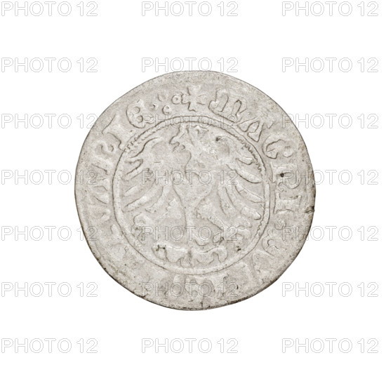 Lithuanian half-grosz, Sigismund I the Old (King of Poland; 1506–1548). Obverse: Pogon turned left; in the rim between pearl borders an inscription: + COIN:SIGISMVNDI:1510. Reverse: Polish Eagle with a crown; in the rim between pearly borders an inscription: + MAGNI:DVCIS:L, ANIE.:., 1510. Jagiellon dynasty; coats of arms include Eagle (coat of arms) and Pogon (coat of arms; Lithuania). Grand Duchy of Lithuania; mint: Vilnius. Coin; diameter ~19.4–19.6 mm; weight 1.11 g.