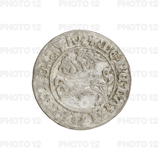 Lithuanian half-grosz, Sigismund I the Old (King of Poland; 1506–1548). Obverse: Pogon (Lithuanian coat of arms) turned left; in the rim between pearl borders an inscription: + COIN:SI, IS, VNDI:1510:. Reverse: Polish crowned eagle; in the rim between pearly borders an inscription: + M, NI:DVCIS:LITVANIE:, 1510. Grand Duchy of Lithuania, Vilnius. Coin, diameter ~19.5–19.7 mm, weight 1.13 g.