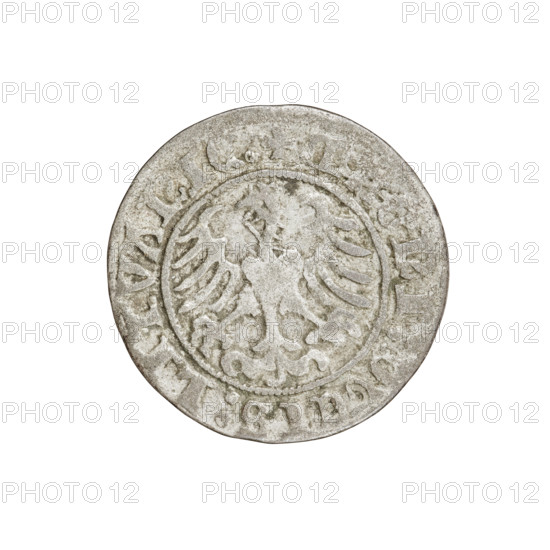 Lithuanian half-grosz, Sigismund I the Old (King of Poland; 1506–1548). Obverse: Pogon (Lithuanian coat of arms) turned left; in the rim between pearl borders an inscription: + COIN:SI, IS, VNDI: 1510. Reverse: Polish crowned eagle; in the rim between pearl borders an inscription: + M, NI:DVCIS:LITVANIE: 1510. Grand Duchy of Lithuania, Vilnius. Coin. Diameter 19.5–19.7 mm. Weight 1.13 g.