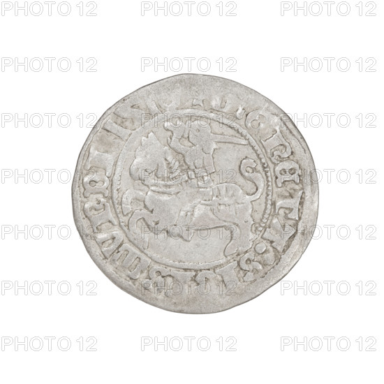 Lithuanian half-grosz, Sigismund I the Old (King of Poland; 1506–1548). Obverse: Pogon (Lithuanian charging knight) turned left; in the rim between pearl borders an inscription: ETA:SIGISMVNDI:15. Reverse: Polish crowned eagle; in the rim between pearl borders an inscription: + MAG:DVCIS:LIT:ANIE. Dated 1510. Grand Duchy of Lithuania, Vilnius. Coin. Diameter 19.6–20.3 mm; weight 1.19 g.