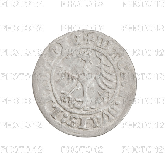 Lithuanian half-grosz, Sigismund I the Old (King of Poland; 1506–1548). Obverse: Pogon (mounted knight) turned left; in the rim between pearl borders an inscription: ETA:SIGISMVNDI:15. Reverse: Polish crowned eagle; in the rim between pearl borders an inscription: + MAG,:DVCIS:LIT, ANIE, 1510. Associated with the Grand Duchy of Lithuania, Vilnius, Poland. Coin; diameter 19.6–20.3 mm, weight 1.19 g.