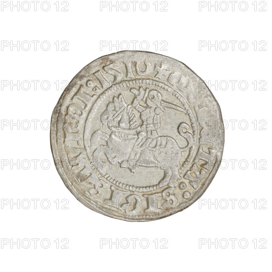 Lithuanian half-grosz, Sigismund I the Old (King of Poland; 1506–1548). Obverse: Pogon (Lithuanian charging knight) turned left; in the rim between pearl borders an inscription: + TA:SIGISMVNDI:1510. Reverse: Polish crowned eagle; in the rim between pearl borders an inscription: + GNI:DVCIS:LITVANIE: 1510. Grand Duchy of Lithuania, Vilnius. Coin, dia. 19.7–20.0 mm, weight 1.24 g.