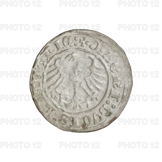 Lithuanian half-grosz, Sigismund I the Old (King of Poland; 1506–1548). Obverse: Pogon turned left; in the rim between pearl borders an inscription: +, TA:SIGISMVNDI:1510. Reverse: Polish crowned eagle; in the rim between pearl borders an inscription: +, GNI:DVCIS:LITVANIE:, 1510. Coats of arms: Pogon (Lithuania) and Polish Eagle. Jagiellon dynasty. Grand Duchy of Lithuania, Vilnius. Coin; diameter 19.7–20.0 mm; weight 1.24 g.