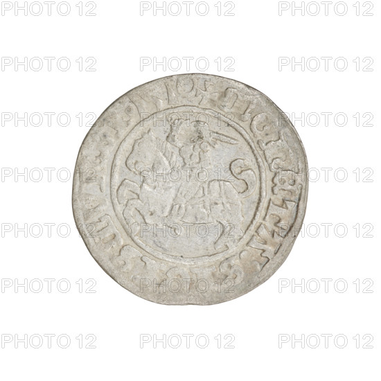 Lithuanian half-grosz, Sigismund I the Old (King of Poland; 1506–1548). Obverse: Pogon (Lithuanian coat of arms) turned left; in the rim between pearl borders an inscription: + COIN:S, SMVN, I:1510. Reverse: Polish eagle with crown; in the rim between pearly borders an inscription: + MAGNI:DV, LITVANIE, 1510. Jagiellon dynasty; coats of arms: Eagle and Pogon. Grand Duchy of Lithuania, Vilnius, Poland. Coin dia. 19.2–20.0 mm; weight 1.22 g.