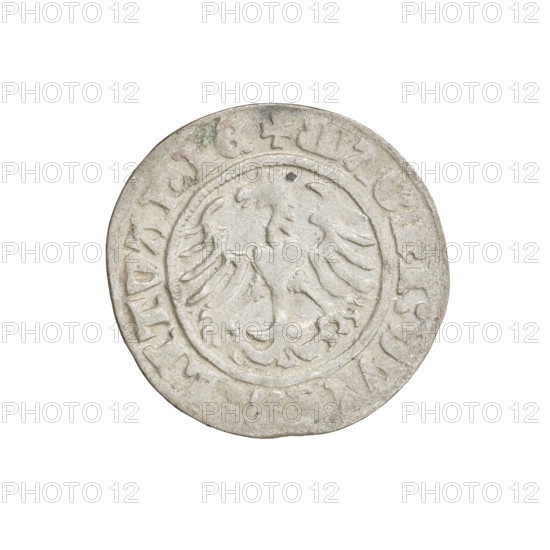 Lithuanian half-grosz, Sigismund I the Old (King of Poland; 1506–1548). Obverse: Pogon turned left; in the rim between pearl borders an inscription: + COIN:S, SMVN, I:1510. Reverse: Polish Eagle with a crown; in the rim between pearly borders an inscription: + MAGNI:DV, LITVANIE, 1510. Jagiellon dynasty; coats of arms: Eagle (coat of arms), Pogon (coat of arms). Grand Duchy of Lithuania, Vilnius. Coin; dia. 19.2–20.0 mm, weight 1.22 g.