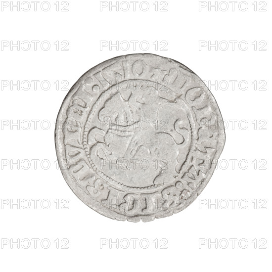 Lithuanian half-grosz, Sigismund I the Old (King of Poland; 1506–1548). Obverse: Pogon (Lithuanian coat of arms) turned left; in the rim between pearl borders an inscription: + COIN:SIGISMVNDI:1510. Reverse: Polish crowned eagle; in the rim between the pearl borders an inscription: + MAGNI:DVCIS, VANIE, 1510. Jagiellon dynasty; coats of arms. Grand Duchy of Lithuania, Vilnius, Poland. Coin diameter 19.3–20.0 mm; weight 1.10 g.