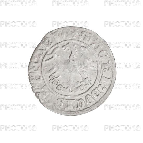 Lithuanian half-grosz, Sigismund I the Old (King of Poland; 1506–1548). Obverse: Pogon (Lithuanian charging knight) turned left; in rim between pearl borders an inscription: + COIN:SIGISMVNDI:1510. Reverse: Polish crowned eagle; in rim between pearl borders an inscription: + MAGNI:DVCIS, VANIE, 1510. Coats of arms: Eagle (Poland), Pogon (Lithuania). Grand Duchy of Lithuania, Vilnius, Poland. Coin; diameter 19.3–20.0 mm; weight 1.10 g.