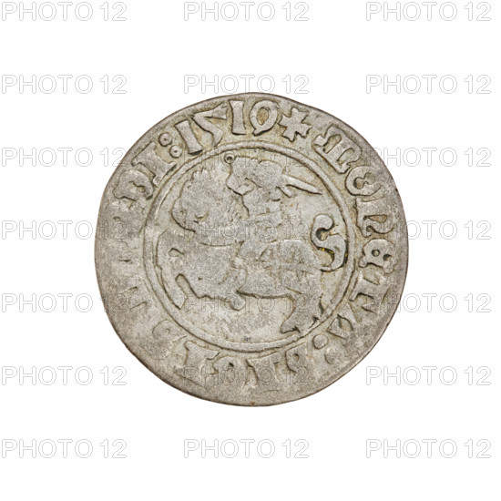Lithuanian half-grosz, Sigismund I the Old (King of Poland; 1506–1548). Obverse: Pogon (Lithuanian coat of arms) turned left; in the rim between pearl borders an inscription: + COIN:SIGISMVNDI:1510. Reverse: Polish crowned eagle; in the rim between pearl borders an inscription: + MAGNI:DVCIS:LIT, IE:, 1510. Grand Duchy of Lithuania, Vilnius. Coin. Diameter 19.7–20.0 mm, weight 1.17 g.