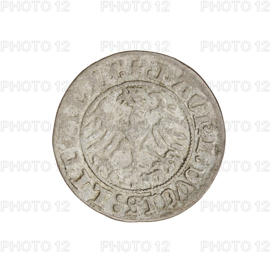 Lithuanian half-grosz, Sigismund I the Old (King of Poland; 1506–1548). Obverse: Pogon (mounted knight) turned left; in the rim between pearl borders an inscription: + COIN:SIGISMVNDI:1510. Reverse: Polish crowned Eagle; in the rim between the pearl borders an inscription: + MAGNI:DVCIS:LIT, IE:, 1510. Jagiellon dynasty; coats of arms (Eagle, Pogon). Grand Duchy of Lithuania, Vilnius, Poland. Coin: diameter ~19.7–20.0 mm, weight 1.17 g.