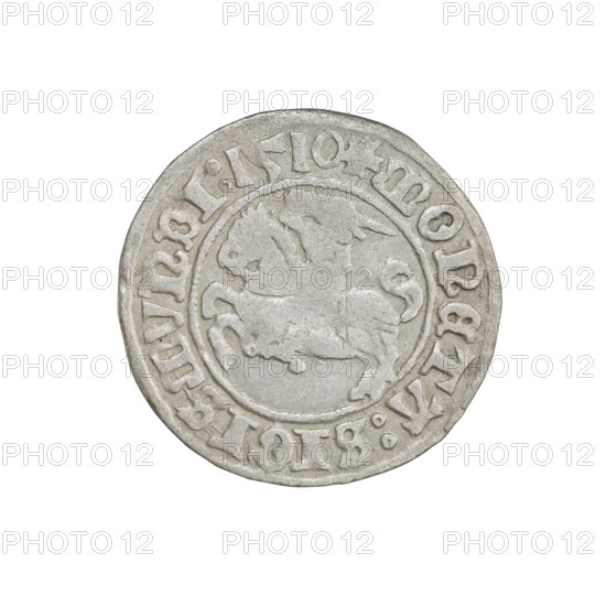 Lithuanian half-grosz, Sigismund I the Old (King of Poland; 1506–1548). Obverse: Pogon (mounted knight) turned left; in the rim between pearl borders an inscription: + COIN:SIGISMVNDI:1510. Reverse: Polish eagle with a crown; in the rim between pearl borders an inscription: + MAGNI:DVCIS:LITVANIE.:. Date: 1510. Material/function: coin of the Grand Duchy of Lithuania/Poland. Diameter: 19.7–20.2 mm. Weight: 1.22 g. Coats of arms: Eagle (Poland), Pogon (Lithuania). Dynasty: Jagiellon.