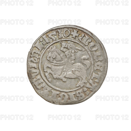 Lithuanian half-grosz, Sigismund I the Old (king of Poland; 1506–1548). Obverse: Pogon (Lithuanian coat of arms) turned left; in the rim between pearl borders an inscription: + COIN:SIGISMVNDI:1510. Reverse: Polish crowned eagle; in the rim between pearly borders an inscription: + MAGNI:DVCIS:LITVANIE.:. Date: 1510. Grand Duchy of Lithuania, Vilnius. Coin (Polish, Jagiellon dynasty). Diameter: 19.1–19.8 mm. Weight: 1.13 g. R8 (rarity).