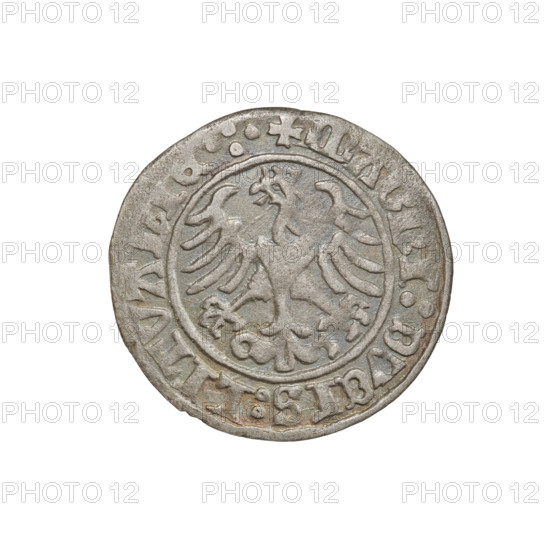 Lithuanian half-grosz, Sigismund I the Old (king of Poland; 1506–1548). Obverse: Pogon (Lithuanian charging knight) turned left; in the rim between pearl borders an inscription: + COIN:SIGISMVNDI:1510. Reverse: Polish crowned eagle; in the rim between pearly borders an inscription: + MAGNI:DVCIS:LITVANIE.:. Date: 1510. Grand Duchy of Lithuania, Vilnius. Coin. Diameter 19.1–19.8 mm. Weight 1.13 g. Coats of arms: Eagle, Pogon. R8 (rarity). Jagiellon dynasty.