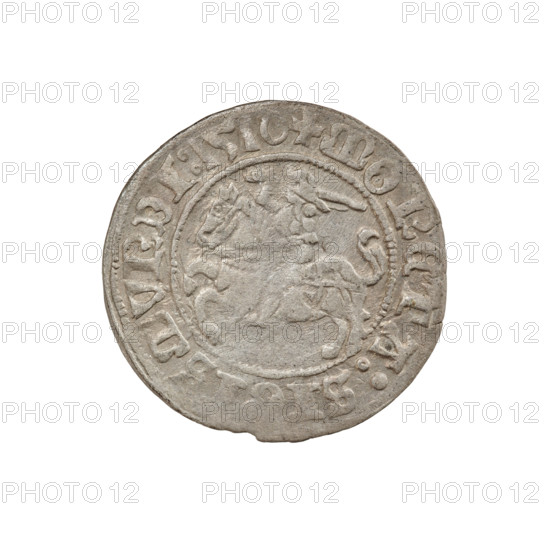 Lithuanian half-grosz, Sigismund I the Old (King of Poland; 1506–1548). Obverse: Pogon (Lithuanian coat of arms) turned left; in the rim between pearl borders an inscription: + COIN:S, MVNDI:1510. Reverse: Polish crowned eagle; in the rim between pearly borders an inscription: + MAGNI:, IS:LITVANIE, 1510. Jagiellon dynasty; coats of arms. Grand Duchy of Lithuania. Coin, diameter 19.5–20.0 mm, weight 1.13 g.