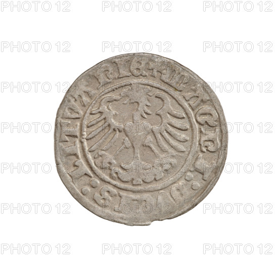 Lithuanian half-grosz, Sigismund I the Old (King of Poland; 1506–1548). Obverse: Pogon turned left; in the rim between pearl borders an inscription: + COIN:S, MVNDI: 1510. Reverse: Polish crowned eagle; in the rim between pearl borders an inscription: + MAGNI: IS:LITVANIE, 1510. Jagiellon dynasty; coats of arms (Eagle, Pogon). Grand Duchy of Lithuania, Vilnius. Coin. Diameter 19.5–20.0 mm; weight 1.13 g.