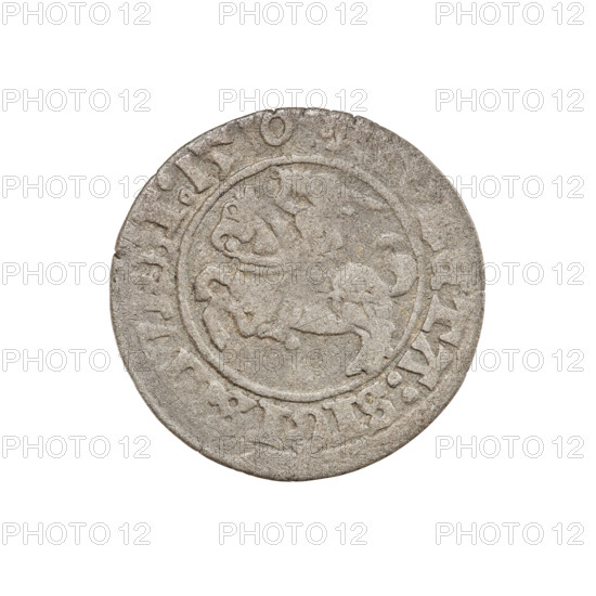 Lithuanian half-grosz, Sigismund I the Old (king of Poland; 1506–1548). Obverse: Pogon (Lithuanian coat of arms) turned left; in the rim between pearl borders an inscription: TA:SIGISMV, I:1510. Reverse: Crowned Polish Eagle; in the rim between pearly borders an inscription: + MAGNI:, CIS:LITVA, IE:, 1510. Grand Duchy of Lithuania, Vilnius, Poland. Coin. Diameter 19.6–20.0 mm. Weight 1.16 g. R8 (rarity); eagles; Jagiellonians (dynasty); coats of arms.